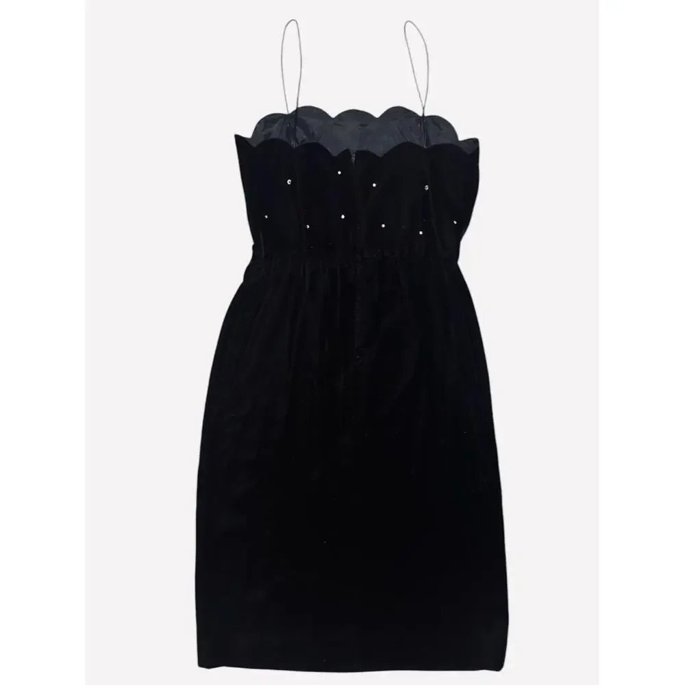 Vintage Black Velvet Mini Cami Dress & Jacket Scalloped Trim Rhinestones Size 12 - Picture 4 of 8